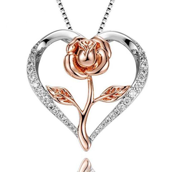 

pendant necklaces romantic heart-shaped rose flower necklace elegant female wedding silver color clavicle chain fashion jewelry gift