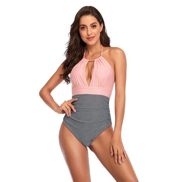 

one-piece suits elegant hanging neck swimsuit one piece set triangle bikini hollow out solid color pleated summer outfit plus size