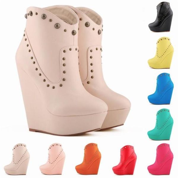 

dress shoes women round toe pumps wedding party pu 14cm wedges high heels slip on rivet waterproof zapatos de mujer size 35-42, Black