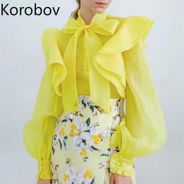 

korobov ruffle bowknot women shirts lace up stand collar long sleeve bohemian blouses spring summer mesh blusas 79582 210430, White