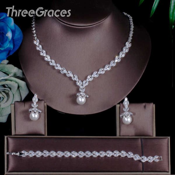 Threegraces Classic Classe Form Cubic Zircon Crystal Drop Pearl Bracele Серьги Ожерелье Свадебные Ювелирные Изделия Свадьба JS240 H1022