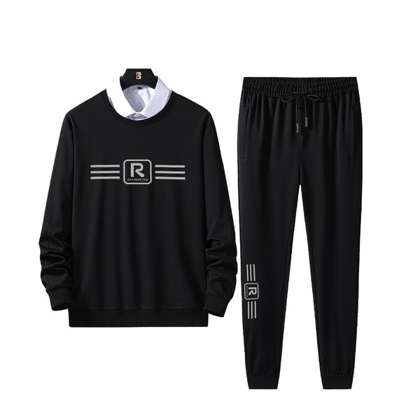 

men's t shirts spring and autumn two piece large size sweater casual coat long sleeve sports suit loose pullover t-shirt wear, White;black