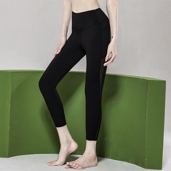 

mesh stitching yoga pants women's fitness leggings high elastic hip-lifting sports tights waist pocket women clothing, Black