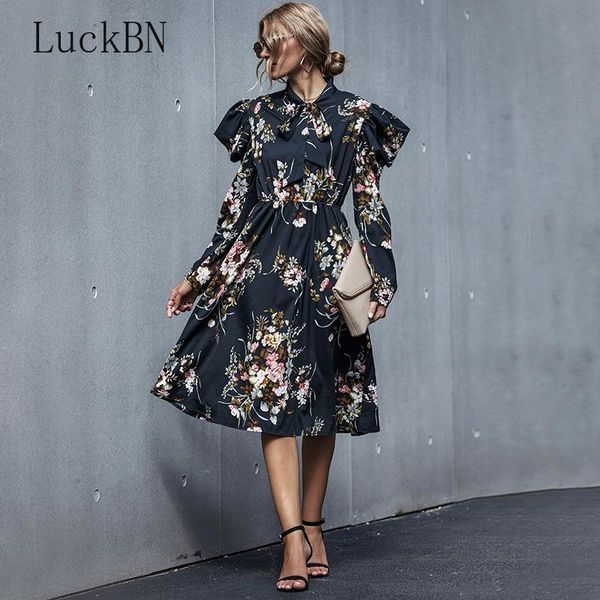 

black floral slim dress women's clothing fashion casual autumn bow tie long sleeves women vestido de mujer dresses, Black;gray