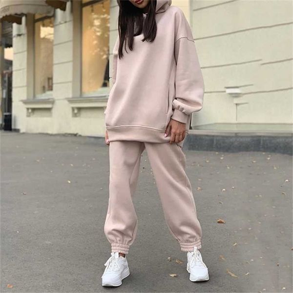

two piece set casual fleece tracksuit women winter women's sets oversized hooded long sleeve hoodie sport pants lady suit 211022, White