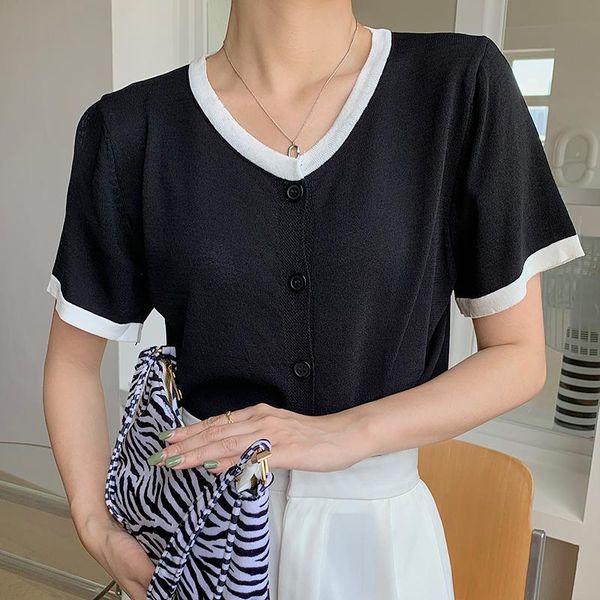 

women's knits & tees fashion casual color matching ice silk knit short-sleeved cardigan 2021 summer korean clothing, White