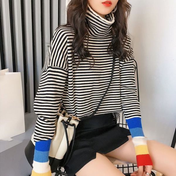

hoodie rainbow kawaii sweater female jumper harajuku striped woman's clothing, Black