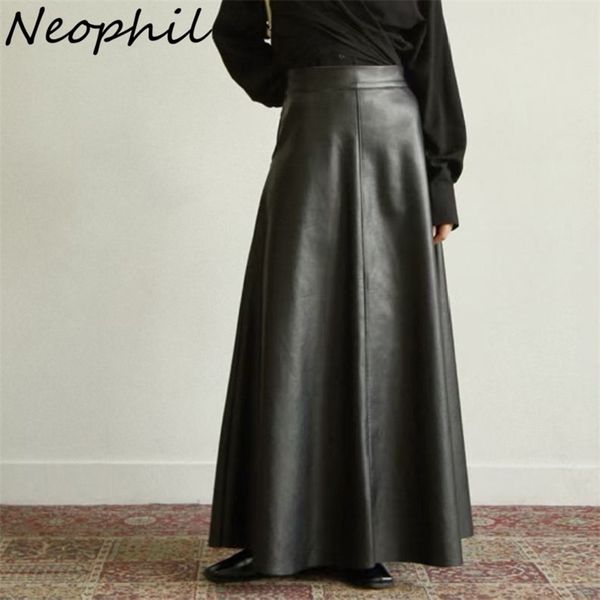 

neophil 80cm pockets winter women pu faux leather skirts high waist elastic latex female chic flare long skirt s21847 211214, Black