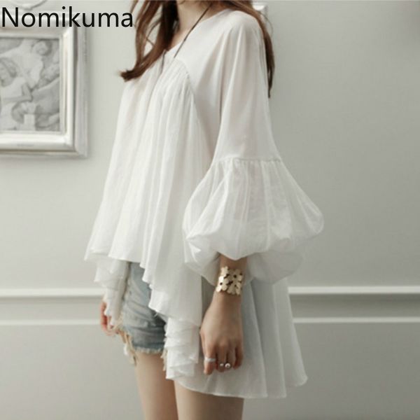 Nomikuma Koreanischen Stil Weiße Hemden Blusas V-ausschnitt Puff Ärmel Einfarbig Unregelmäßige Chiffon Bluse Frauen Casual Lose Tops 3c973 210514