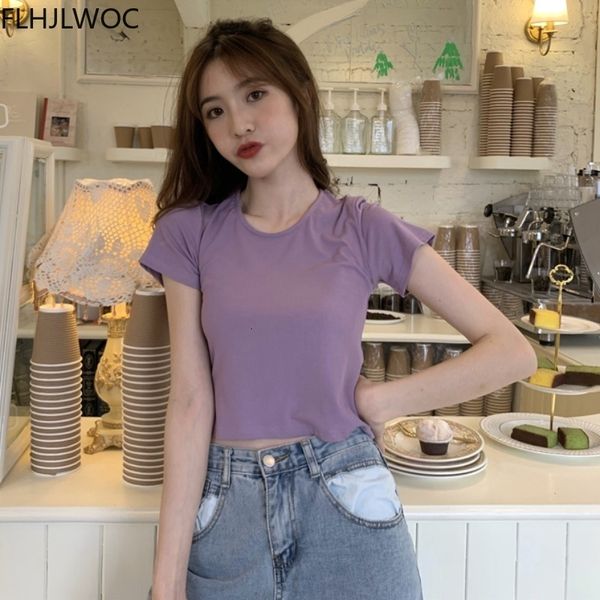 

women's t-shirt ny short crop fashion women o neck solid black white purple pink slim fitted tees cotton shirts x981