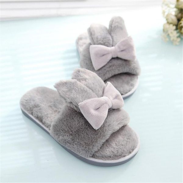 

slippers winter fluffy home for women open toe cute ear plush flip flops warm indoor fashion woman slipper shoes, Black