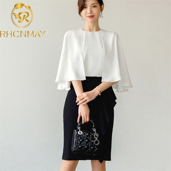 

korean style summer cloak loose solid shirt + high waist sheath bodycon pencil skirt 2 pieces business suits set 210506, White
