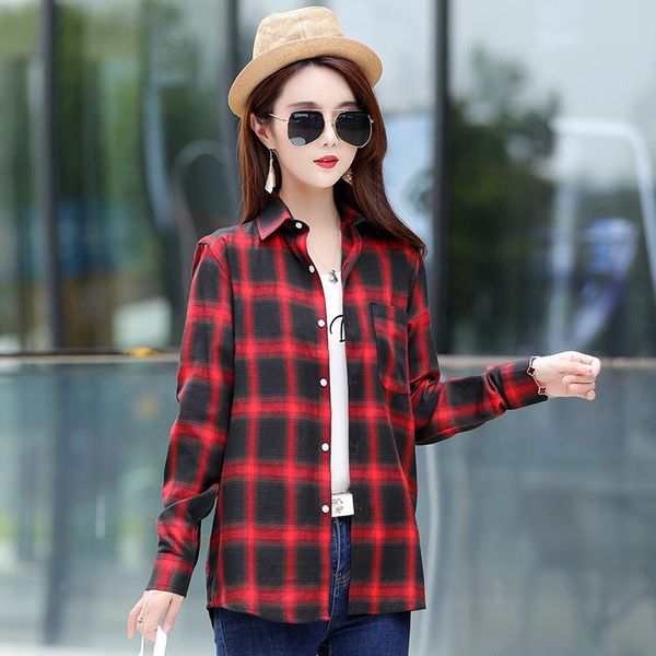 

women's blouses & shirts 2021 spring autumn blouse cotton korean plaid long sleeve lady's shirt fashion loose women blusas plus s, White