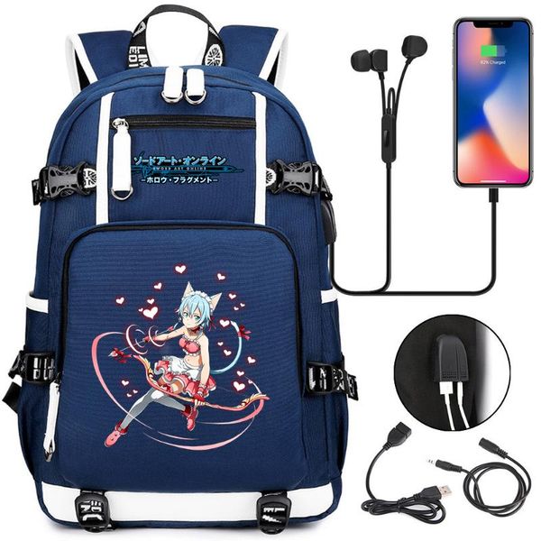 

backpack sword art online sao canvas usb charging headphone student rucksack zip teenager cartoon schoolbag travel lapbag