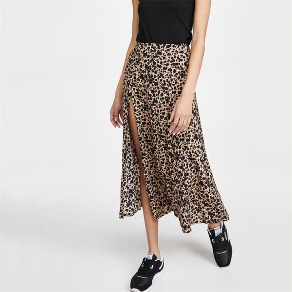 

summer women's casual leopard print high waist split skirt 210430, Black