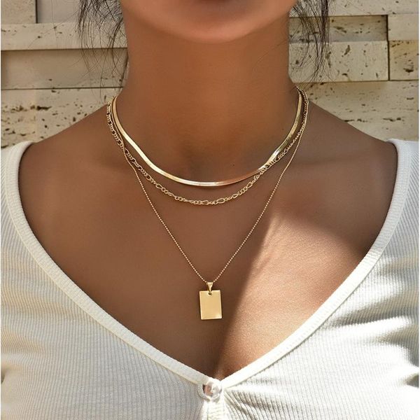 

chokers alyxuy multi-layer snake geometric chain suquare pendant army card golden silver good luck necklace