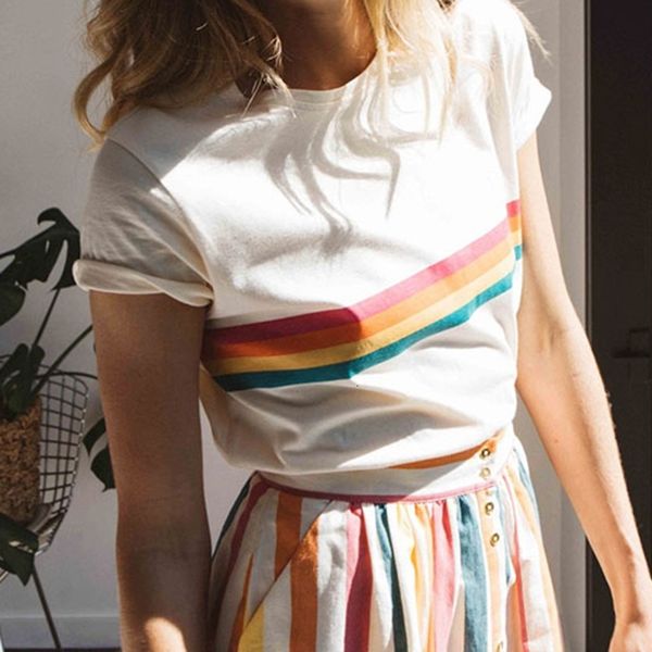

women's t-shirt rainbow print t shirt women striped round collar loose short sleeve tee elegant chic spring autumn vintage ca, White
