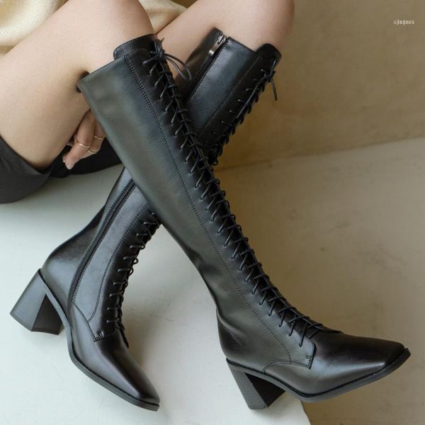 

boots women's cow leather thick high heel square toe lace-up winter warm plush knee knight long casual autumn shoes11, Black