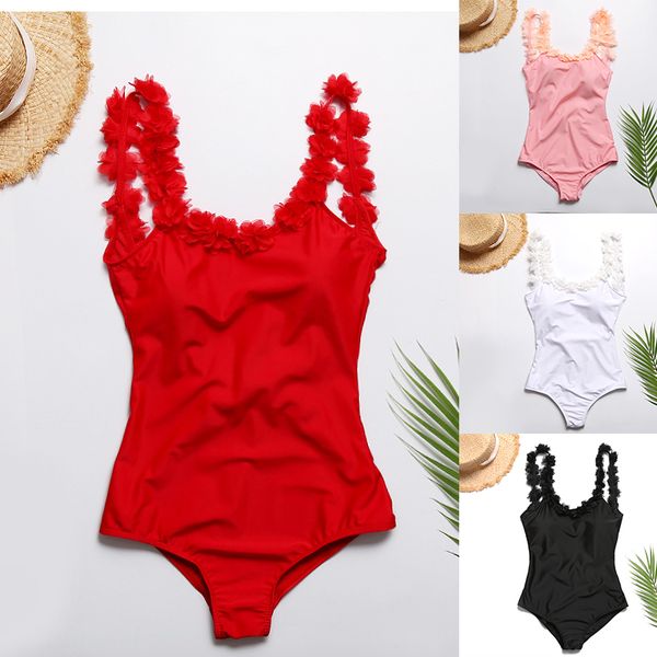 

One Piece Swimsuit 2021 Women Backless swimwear 3D Flower strap padded bathing suit high cut woman monokini, White