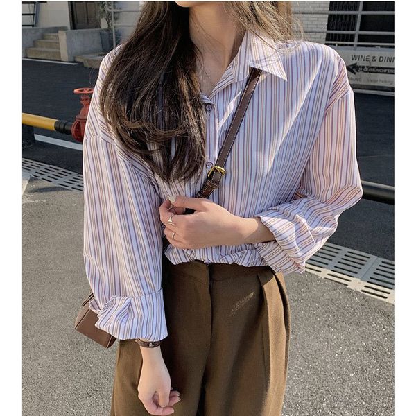 

blouses 2021 Spring Turn Down Collar Striped Long Womens Tops Blouses Fashion Women Shirt Blusas Roupa Feminina, White