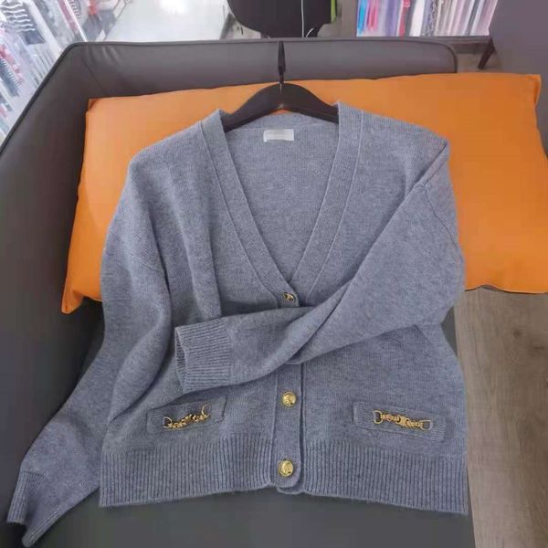 

black/gray sweater 2021 100% cashmere women's cardigans designer metal chain buttons sweaters womens 81258, White;black
