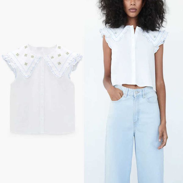 

openwork embroidery za shirt women sleeveless ruffle vintage summer female fashion button fit white embroidered blouse 210602