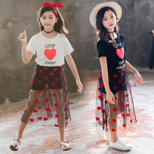 

teen kids girls letter heart shape short sleeve t shirt tulle dress outfits set girl baby clothing costume sets, White