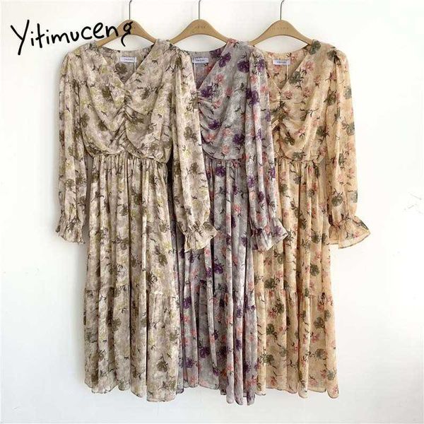 

yitimuceng floral print dress women ruched midi flare sleeve a-line spring summer empire elegant boho dresses fashion 210601, Black;gray