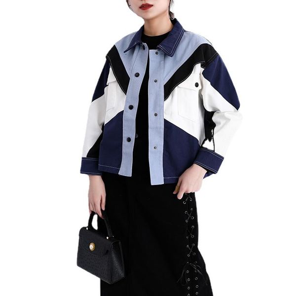 

women's jackets women loose fit blue conrtast color big size denim lapel long sleeve coat fashion spring autumn 2021 coats, Black;brown