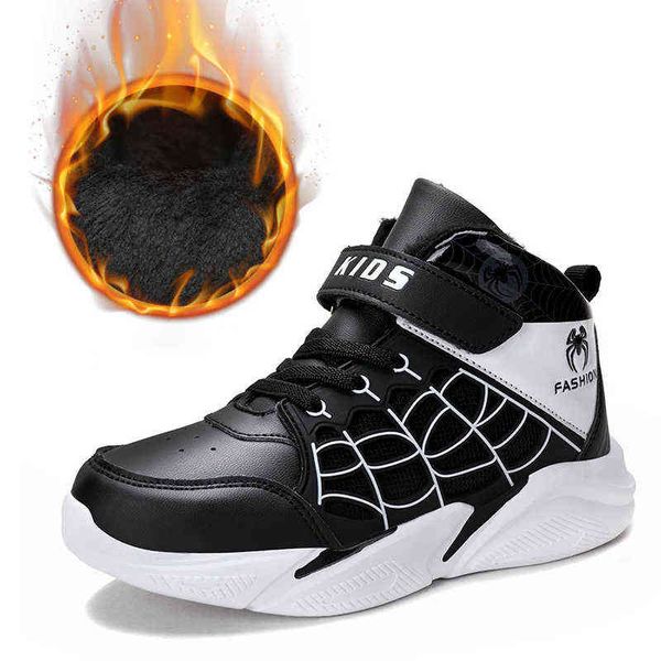 Alto Top Boys Basketball Sneakers Crianças Quente Quente de Inverno De Pelúcia Sapatos Leve Brand Children Sapatilhas Casuais Couro Sapatos de Passeio G1210