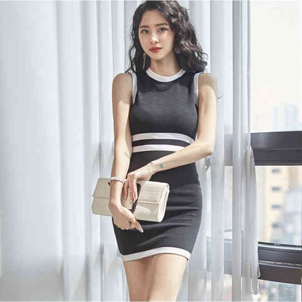 

striped knit o-neck sleeveless korea women night club party dresses skinny slim fit elegant bodycon casual mini dress, Black;gray