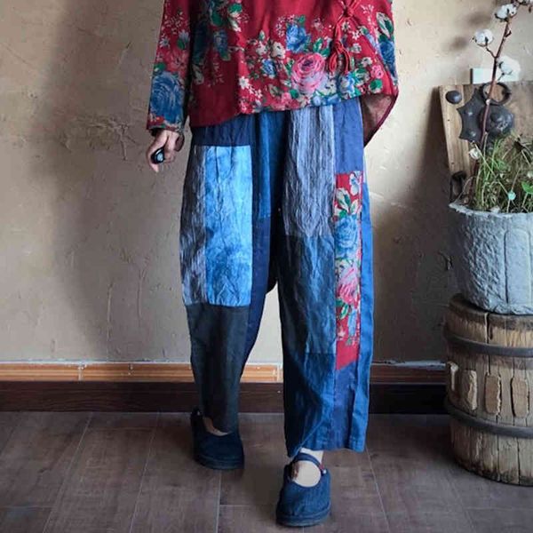 

johnature autumn linen elastic waist patchwork pants loose vintage ankle-length linen casual women straight pants 210521, Black;white