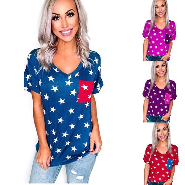 

new 2021 summer women's short sleeve star pocket printed v-neck t-shirt, White