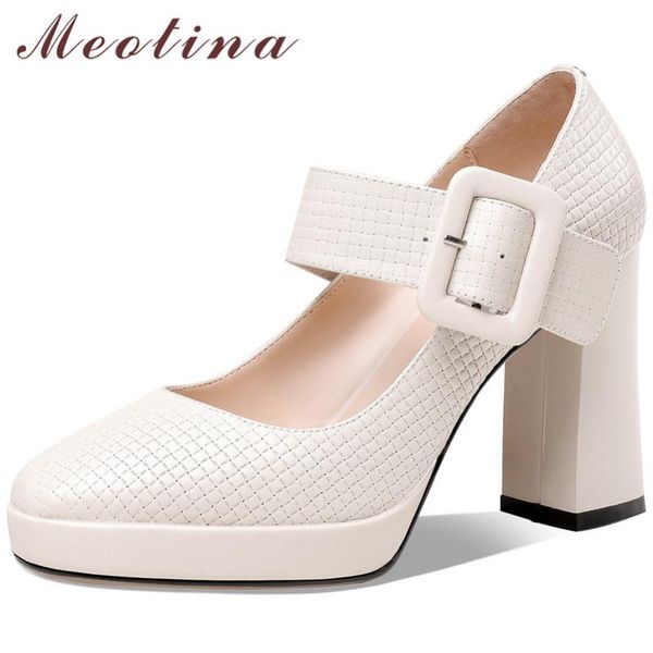 

dress shoes meotina women genuine leather platform extreme high heels buckle strap chunky heel pumps female footwear spring beige 40, Black