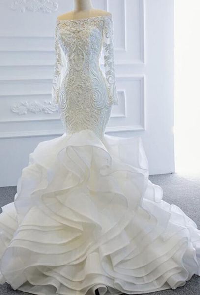 

lace applique long sleeve off shoulder wedding dress dubai arabic style mermaid bridal gowns custom, White