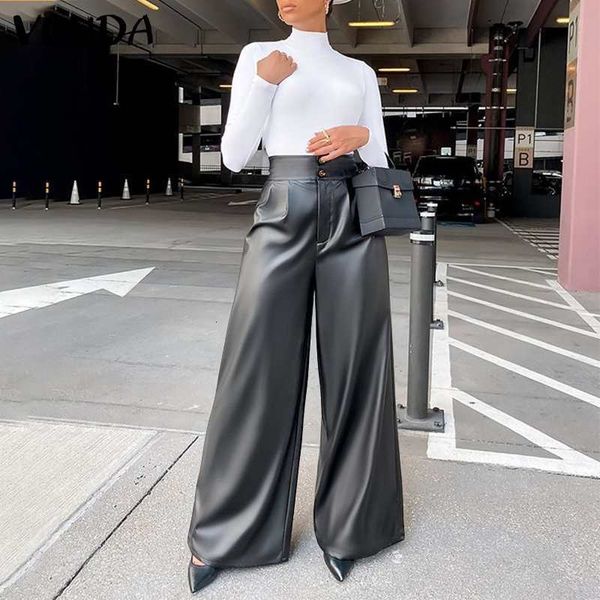 

women's pants & capris 2021 casual high waist button vonda women pu leather long palazzo wide leg trousers pantalones femme 5xl 3h, Black;white