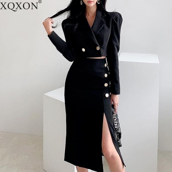 

spring office lady black cropped blazer suit&mid-length skirt two piece set women suits sets dress, White