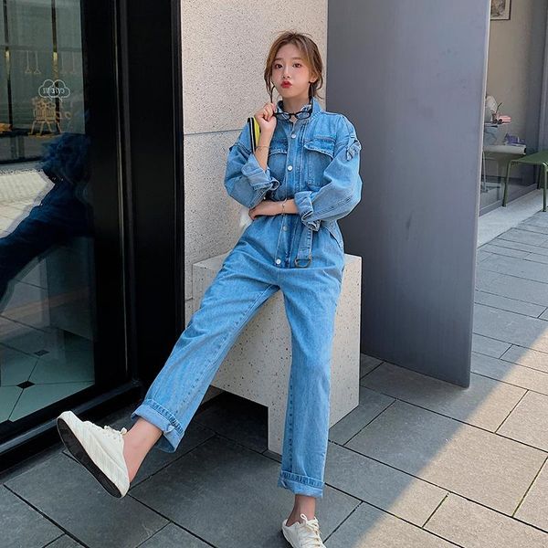 

women's jumpsuits & rompers women long sleeve zipper sashes denim jumpsuit female streetwear hip hop loose casual jeans sets overalls s, Black;white