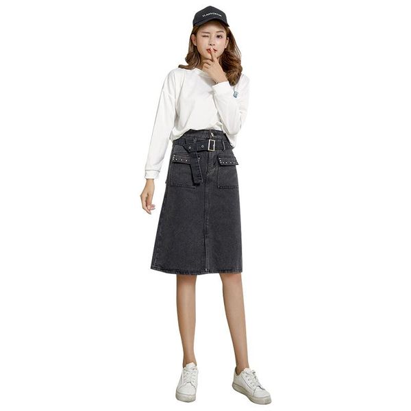 

skirts 2021 women's high waist denim skirt mid-length jeans, Black