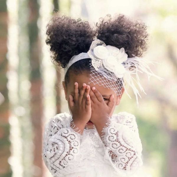 

european baby girls floral lace headband feather xmas year headwear bows clothing accessories for wedding 210529, Slivery;white