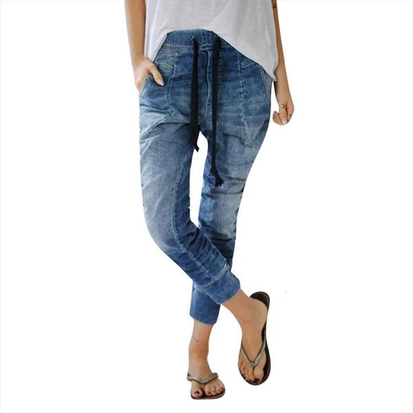 

jeans elastic plus loose denim women pants casual drawstring cropped mujer vaqueros dropship, Black;white