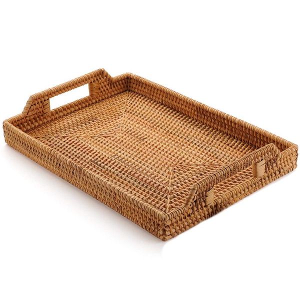 

rattan woven storage fruit basket candy snack plate cutlery tray with breakfast bed bar dinner rectangular baskets