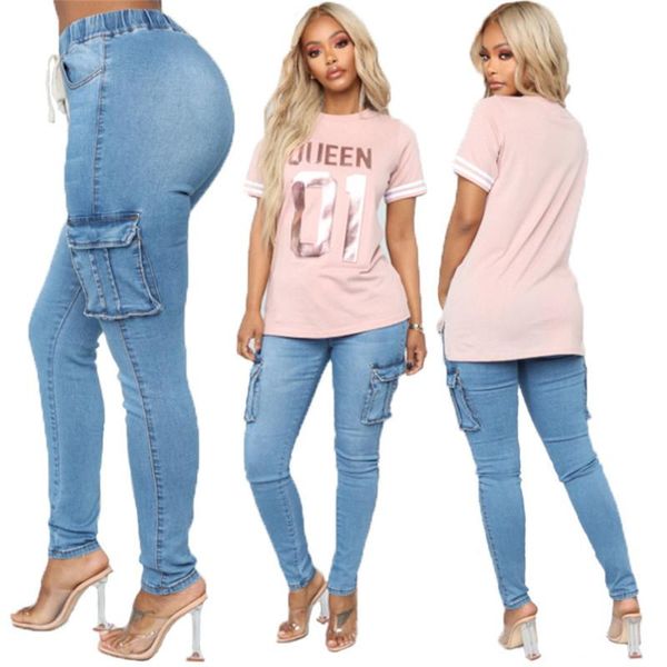 

women's jeans women plus size pants casual skinny pencil female waist drawstring fahion lace up denim trousers 4xl 5xl streetwear, Blue