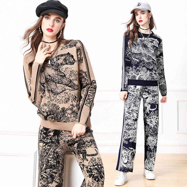 

design clothing 2021 new autumn winter pattern pullover sweater letter sweater + fashion wide leg pants two-piece set, White