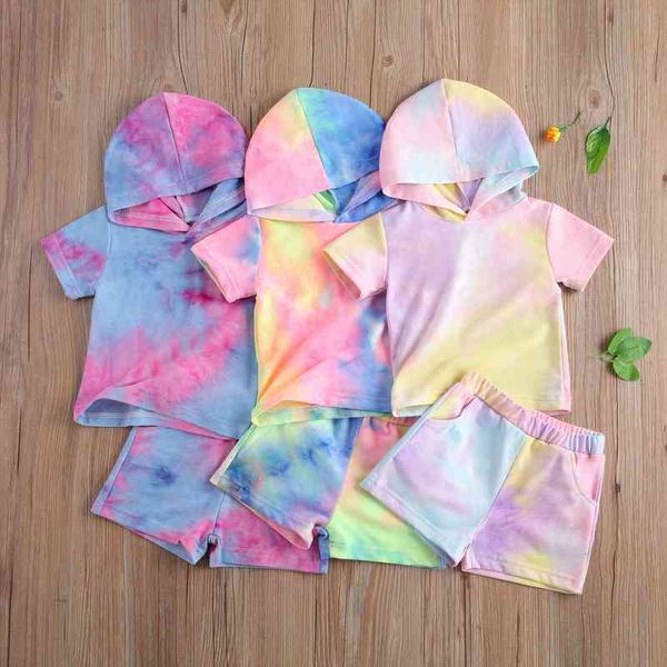 

0 5y toddler baby girl boy clothing summer tie dye print short sleeve hooded shorts casual tracksuit 2pcs outfits, White