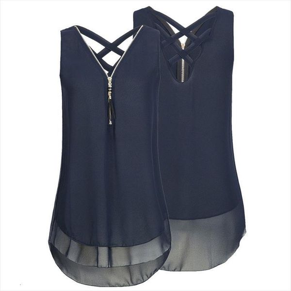 

sleeveless chiffon navy blue summer women shirt loose solid casual ladies v neck zipper collar plus size s 5xl, White