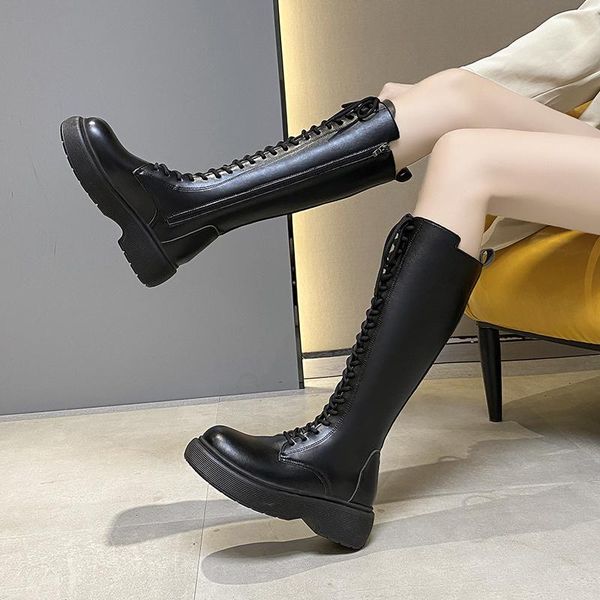 

boots autumn women 2021 long wedge heel knight shoes woman winter knee high leather motorcycle female footwear, Black