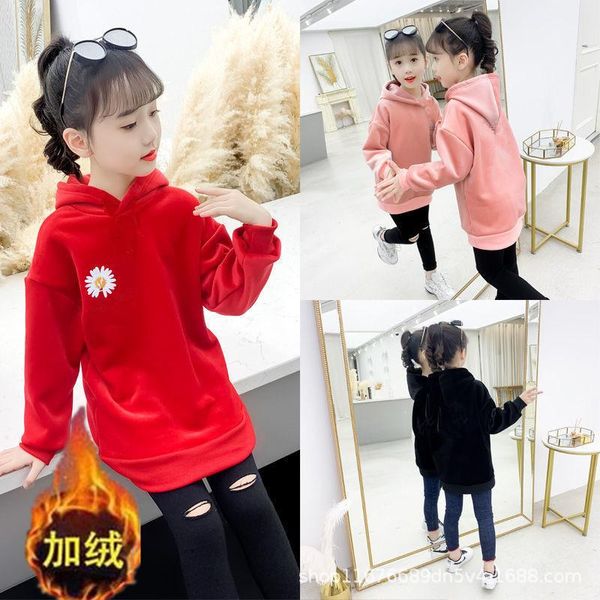 

children's clothing, girls' gold velvet hooded sweater, mid-length dress and warm autumn winter clothing sets, White