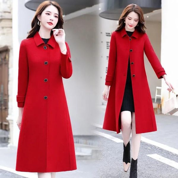 

women's wool & blends korean winter coat women long jacket loose sleeve single breasted elegant windbreaker outerwear female, Black