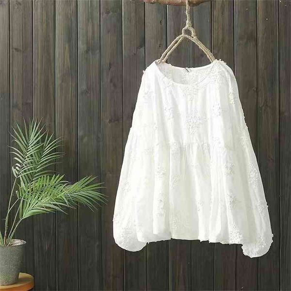 

cotton o neck full shirt autumn three-dimensional flower embroidery loose lantern sleeve blouse womens 210615, White